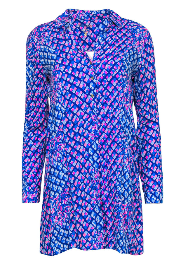 Current Boutique-Lilly Pulitzer - Blue & Pink Pineapple Print Collared Shirtdress w/ Pockets Sz XXS
