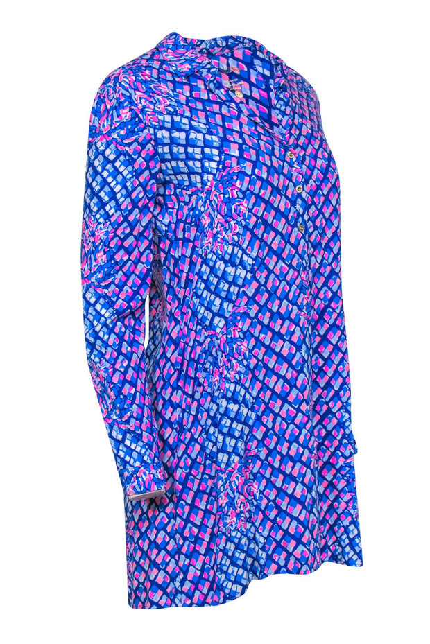 Current Boutique-Lilly Pulitzer - Blue & Pink Pineapple Print Collared Shirtdress w/ Pockets Sz XXS