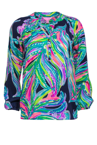 Current Boutique-Lilly Pulitzer - Navy & Multicolor Leaf Print Long Sleeve Silk Blouse Sz XXS