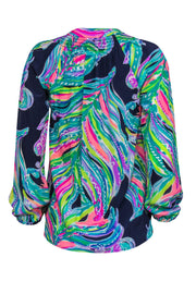 Current Boutique-Lilly Pulitzer - Navy & Multicolor Leaf Print Long Sleeve Silk Blouse Sz XXS