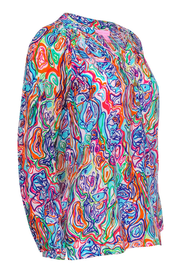 Current Boutique-Lilly Pulitzer - Multicolor Print Long Sleeve Silk Blouse Sz XXS