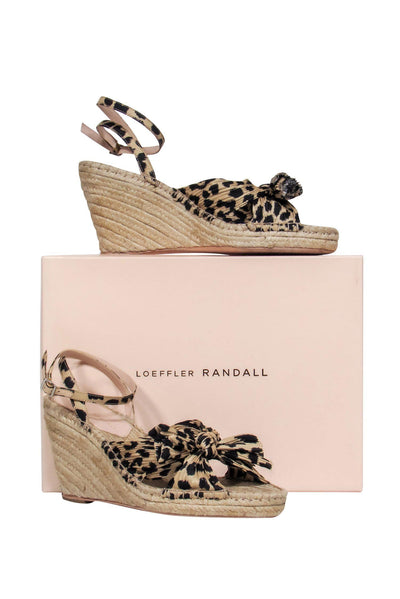 Current Boutique-Loeffler Randall - Beige Leopard Print Woven Open Toe “Charley” Wedges w/ Bow Sz 9.5
