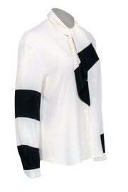 Current Boutique-Louis Feraud - Cream & Black Colorblocked Long Sleeve Silk Blend Blouse w/ Tie Sz 4