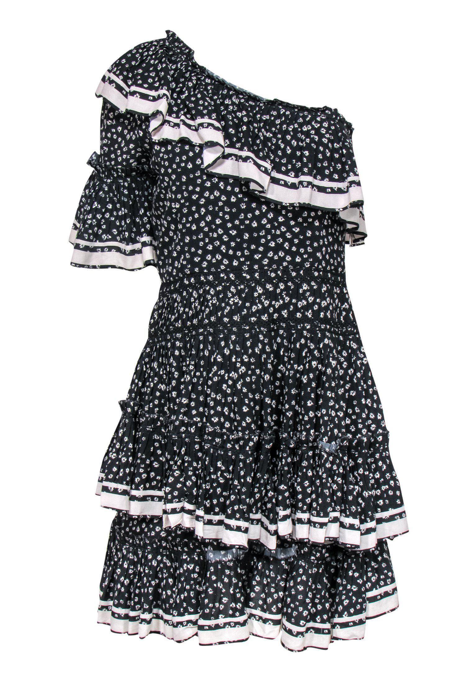 Love Sam - Black & Grey Floral Print One-Shoulder Ruffle Tiered Dress Sz S Love Sam - Black & Grey Floral Print One-Shoulder Ruffle Tiered Dress Sz S