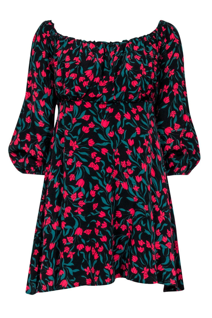 Lovers + Friends - Black & Red Floral A-line Mini Dress w/ Scoop Neckl Lovers + Friends - Black & Red Floral A-line Mini Dress w/ Scoop Neckl