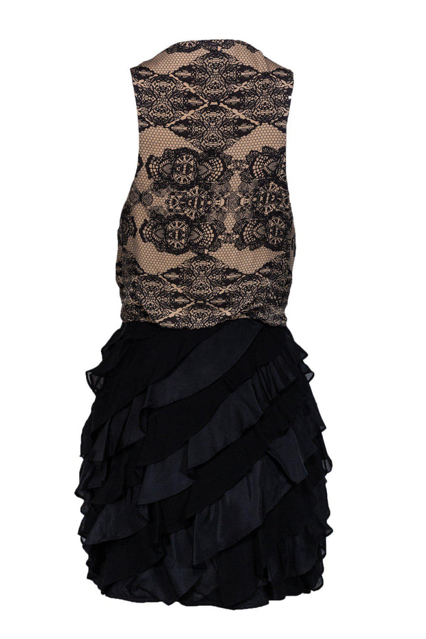 Current Boutique-Madison Marcus - Beige & Black Lace Print Dress w/ Ruffle Skirt Sz S