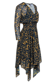 Current Boutique-Maje - Navy & Yellow Spotted Print Long Sleeve Midi Dress Sz L