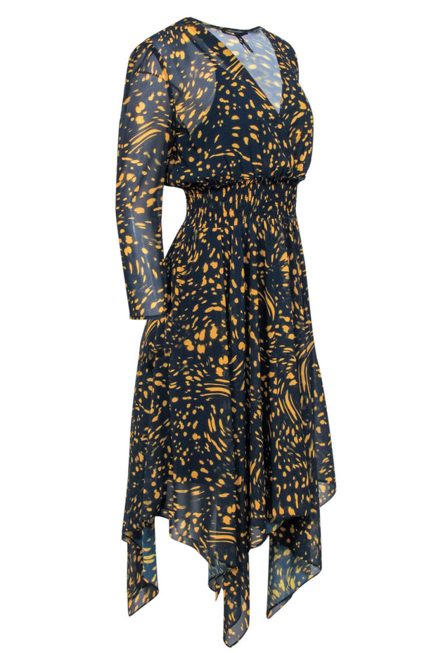 Current Boutique-Maje - Navy & Yellow Spotted Print Long Sleeve Midi Dress Sz L