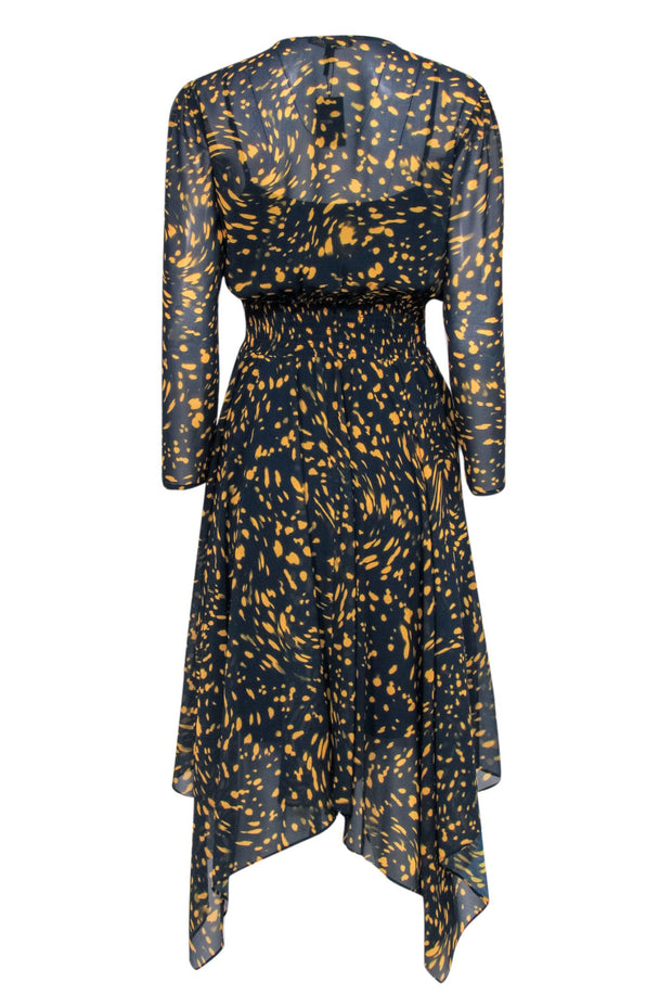 Current Boutique-Maje - Navy & Yellow Spotted Print Long Sleeve Midi Dress Sz L