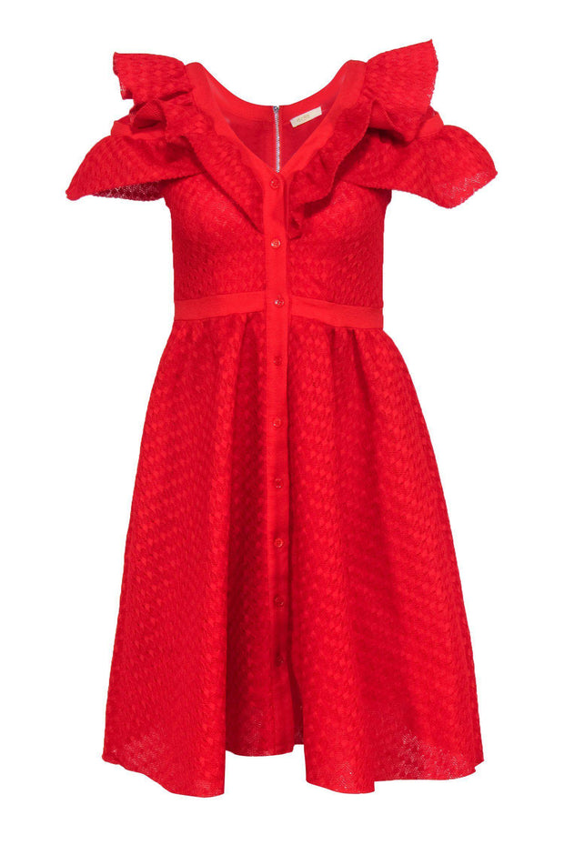 Maje - Red Textured Ruffle Cold Shoulder Button-Up A-Line Dress Sz S Maje - Red Textured Ruffle Cold Shoulder Button-Up A-Line Dress Sz S