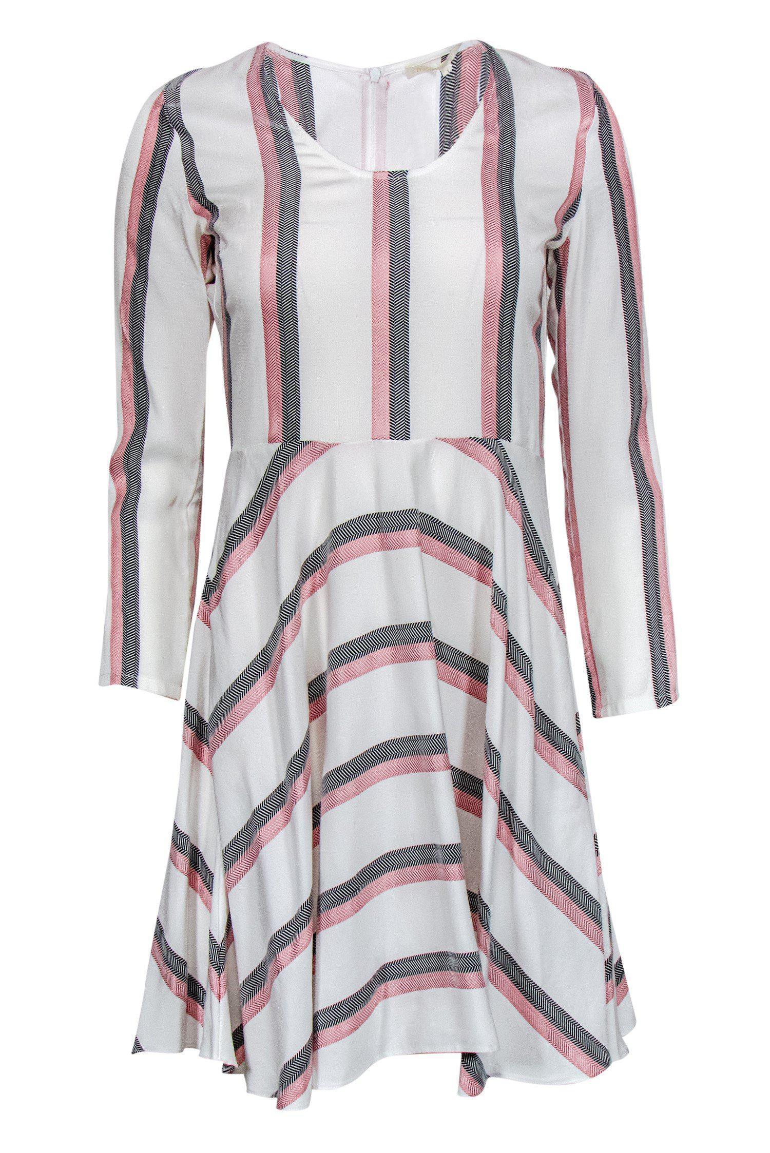 Maje - Cream Striped Fit & Flare Dress Sz S | Current Boutique Maje - Cream Striped Fit & Flare Dress Sz S | Current Boutique