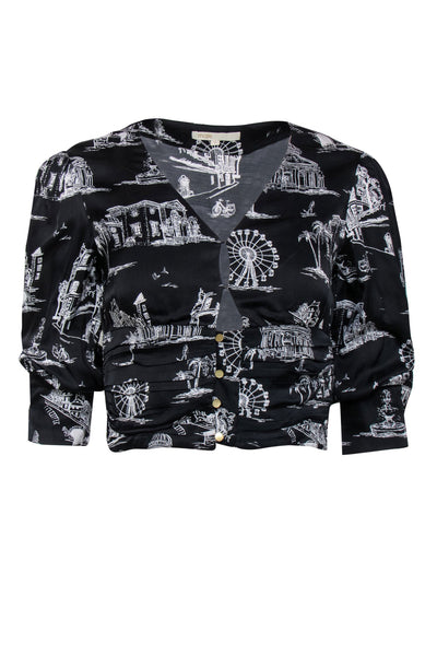 Current Boutique-Maje - Black & White Vacation Print Button-Up Long Sleeve Crop Top Sz 4