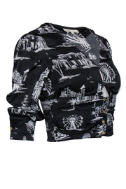 Current Boutique-Maje - Black & White Vacation Print Button-Up Long Sleeve Crop Top Sz 4