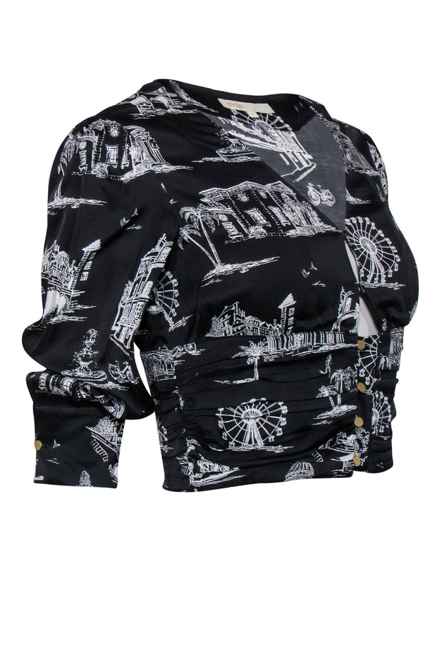 Current Boutique-Maje - Black & White Vacation Print Button-Up Long Sleeve Crop Top Sz 4