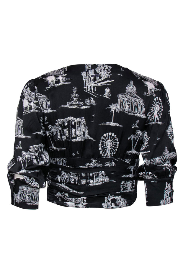 Current Boutique-Maje - Black & White Vacation Print Button-Up Long Sleeve Crop Top Sz 4