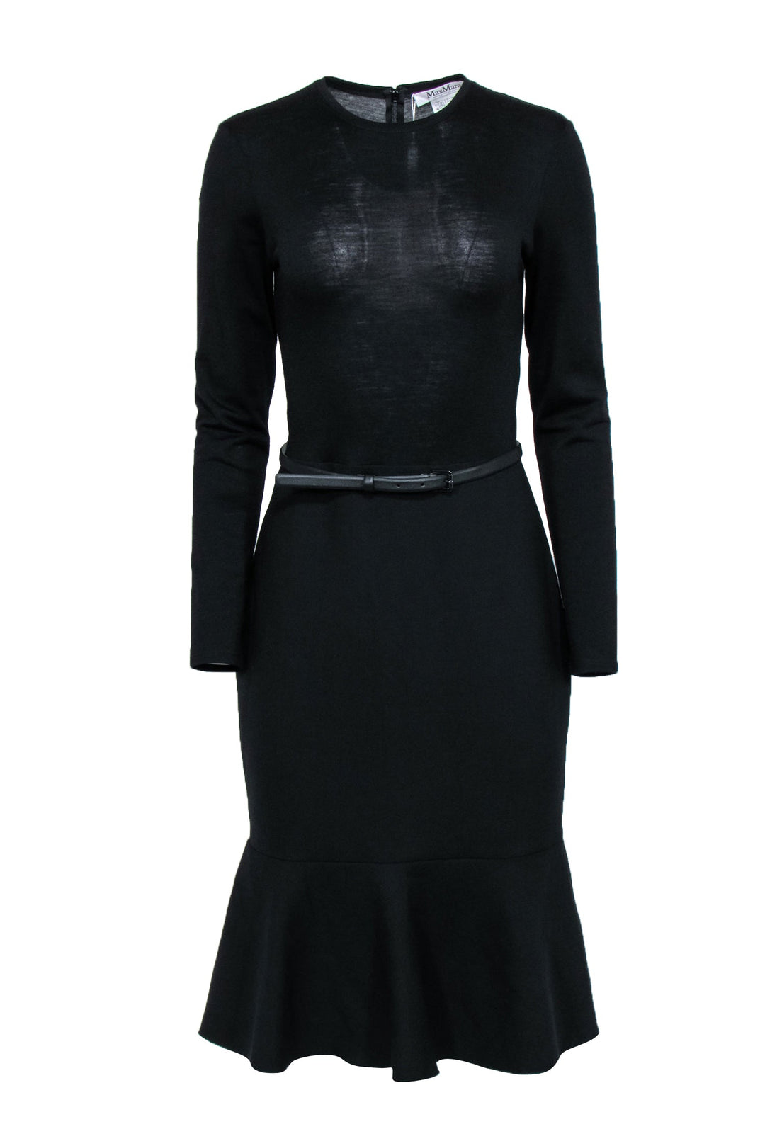 Maxmara Belted Long-Sleeve Ruffle-Hem Dress, Black, Women's, 12