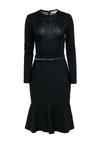 Maxmara Belted Long-Sleeve Ruffle-Hem Dress, Black, Women's, 12
