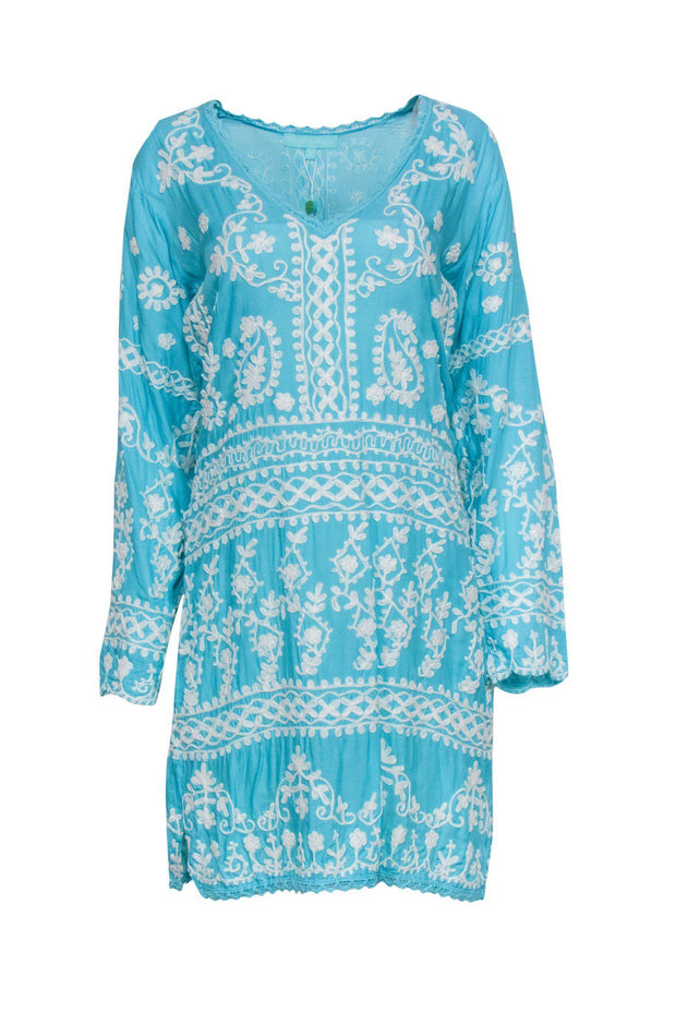 Melissa Odabash - Sky Blue & White Embroidered Natalie Shift Dress Sz S Melissa Odabash - Sky Blue & White Embroidered Natalie Shift Dress Sz S