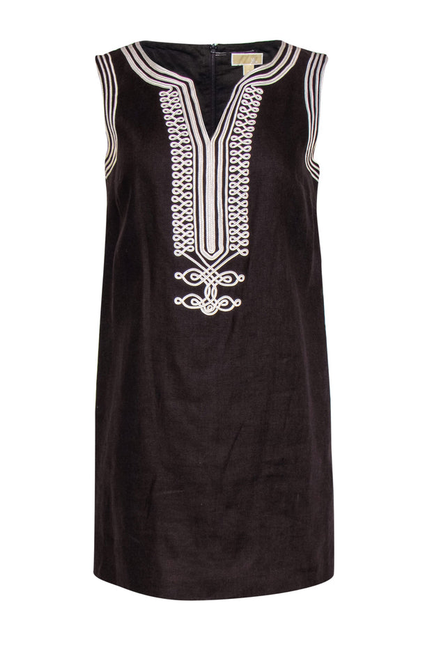 Michael Michael Kors - Brown Linen Embroidered Mini Shift Dress Sz 2P Michael Michael Kors - Brown Linen Embroidered Mini Shift Dress Sz 2P