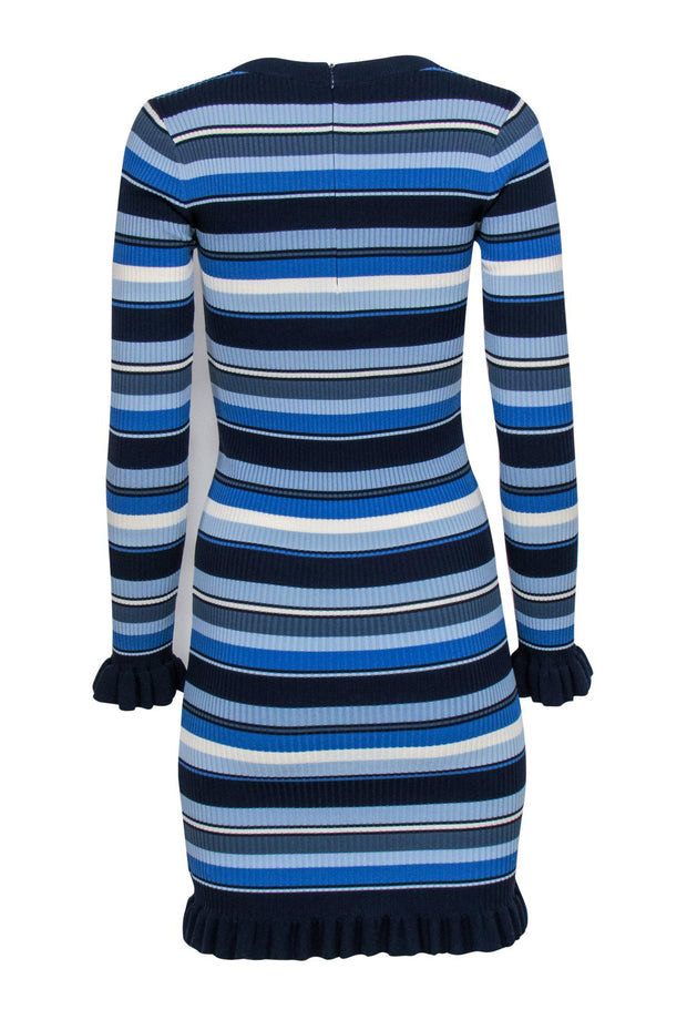 Michael Kors Striped Ribbed Knit Ruffle-Trim Dress Blue XXS