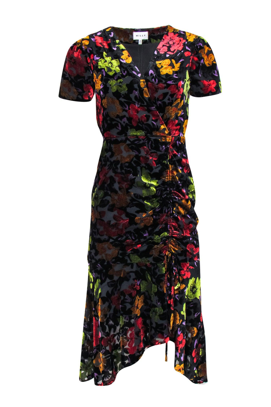 Milly - Multicolor Velvet Floral Short Sleeve Bodycon Dress w/ Ruching
