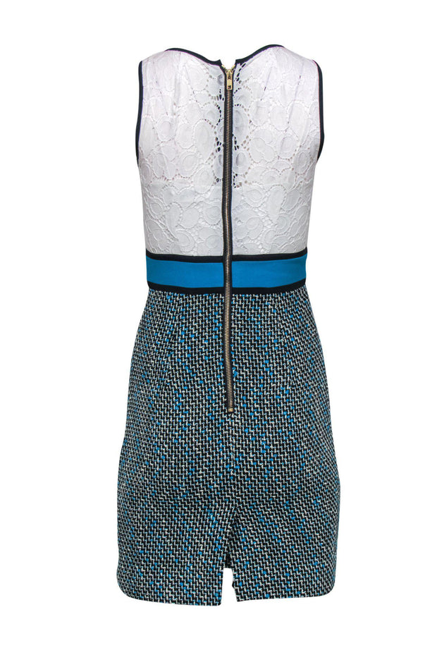 Milly - White Lace & Blue Tweed Skirt Sheath Dress Sz 0 | Current Boutique Milly - White Lace & Blue Tweed Skirt Sheath Dress Sz 0 | Current Boutique