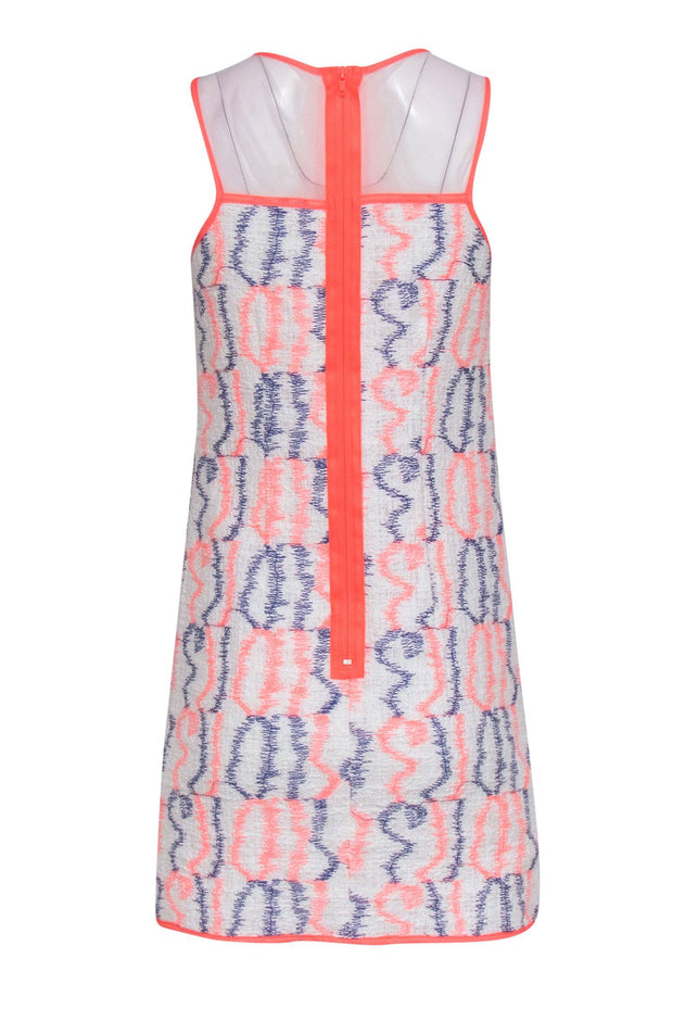 Milly - Neon Pink, Navy & White Embroidered Dress w/ Illusion Neckline Milly - Neon Pink, Navy & White Embroidered Dress w/ Illusion Neckline