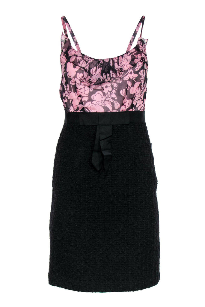 Milly - Pink Floral Silk & Black Tweed Fitted Dress Sz 4 Milly - Pink Floral Silk & Black Tweed Fitted Dress Sz 4