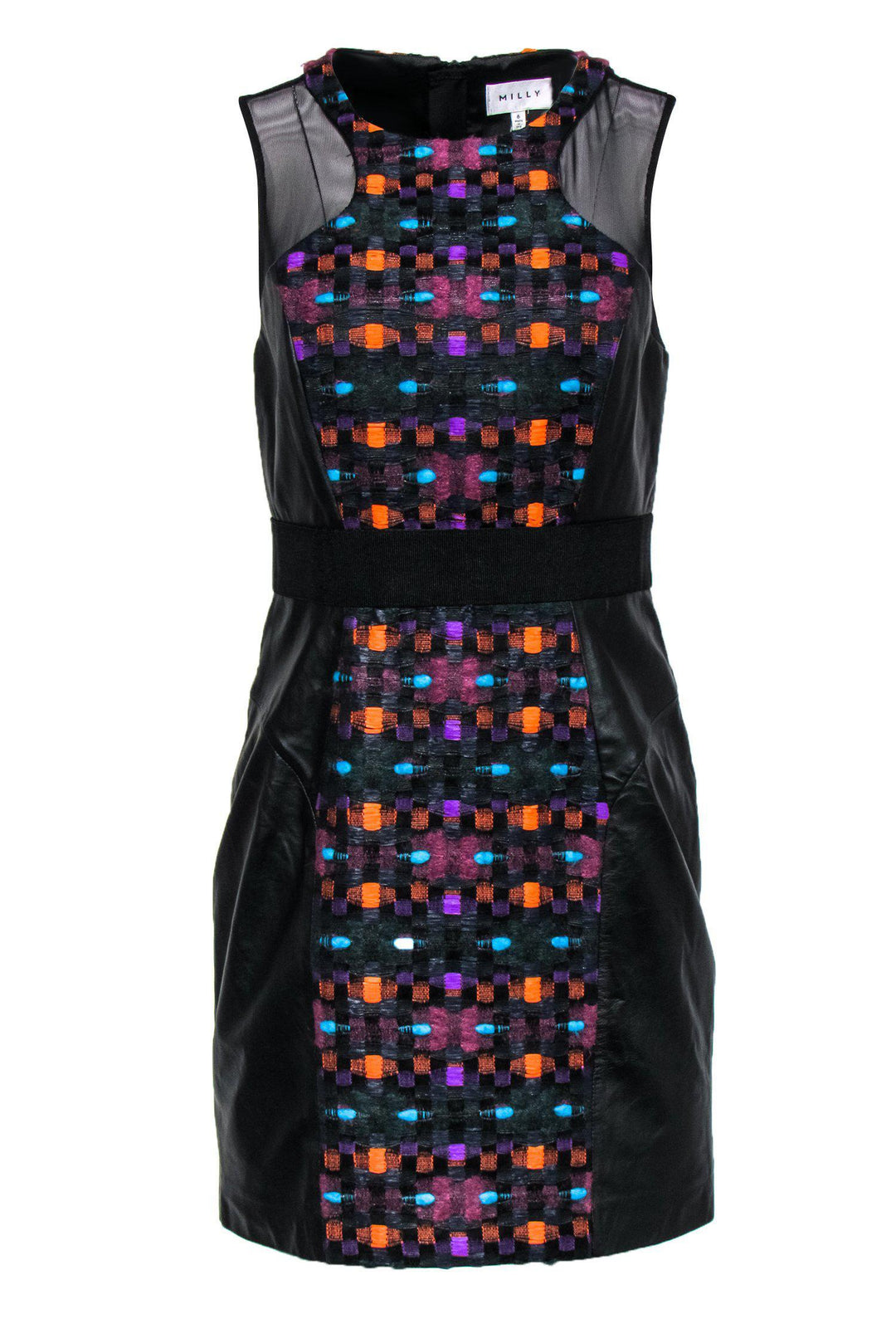 Milly - Multicolored Tweed Paneled Dress w/ Leather & Mesh Sz 6 Milly - Multicolored Tweed Paneled Dress w/ Leather & Mesh Sz 6