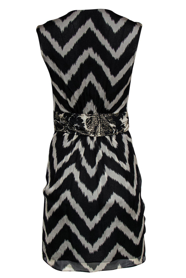 Milly - Black & Beige Chevron Print Silk Sheath Dress w/ Gold Shimmer Milly - Black & Beige Chevron Print Silk Sheath Dress w/ Gold Shimmer