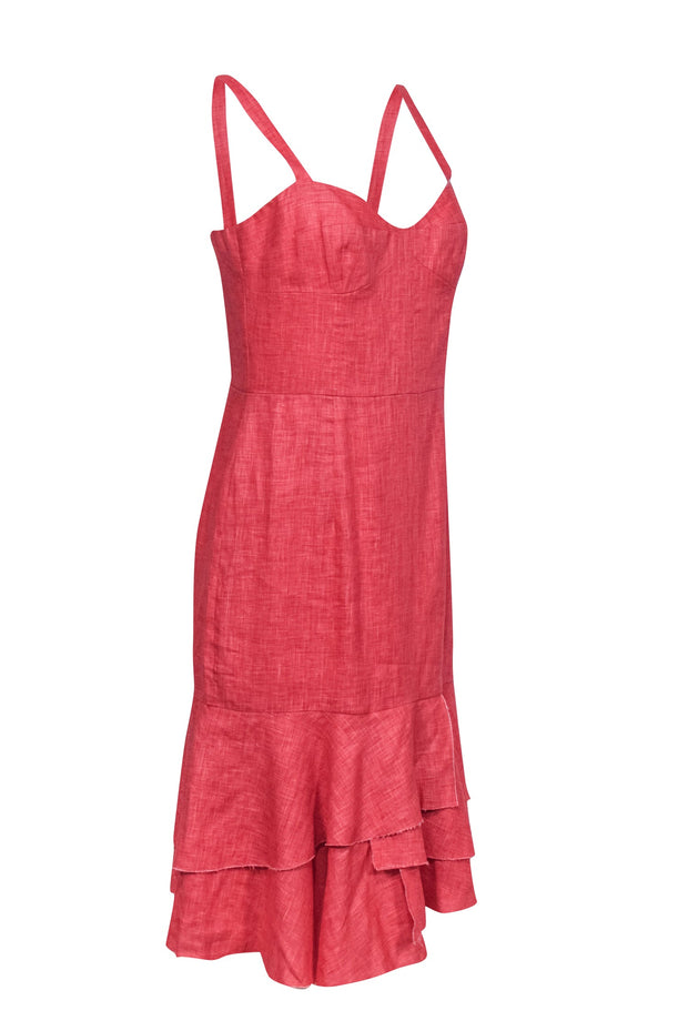 Milly - Red "Kendall" Linen Fitted Midi Dress w/ Detailed Bodice & Ruf Milly - Red "Kendall" Linen Fitted Midi Dress w/ Detailed Bodice & Ruf