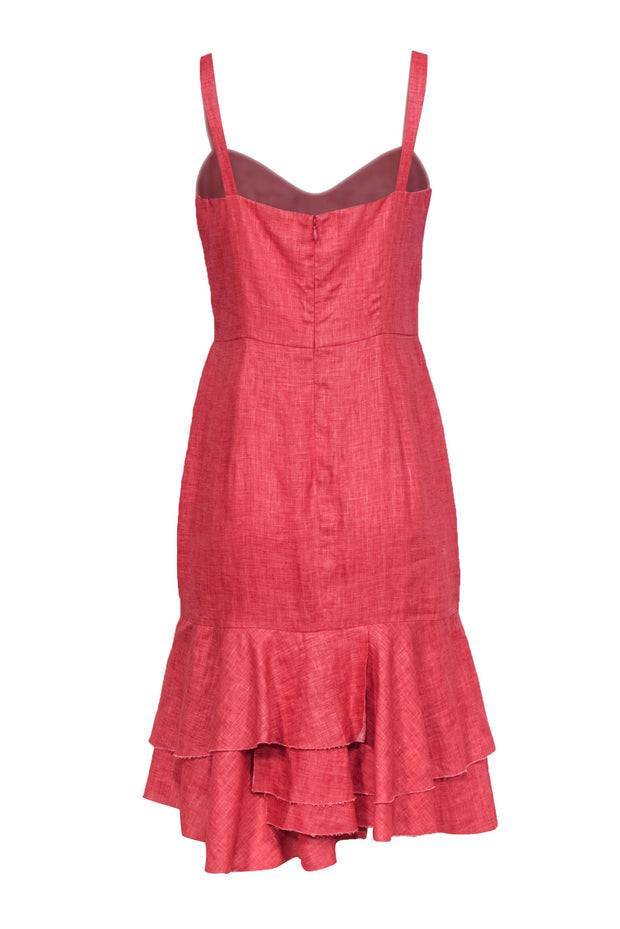 Milly - Red "Kendall" Linen Fitted Midi Dress w/ Detailed Bodice & Ruf Milly - Red "Kendall" Linen Fitted Midi Dress w/ Detailed Bodice & Ruf