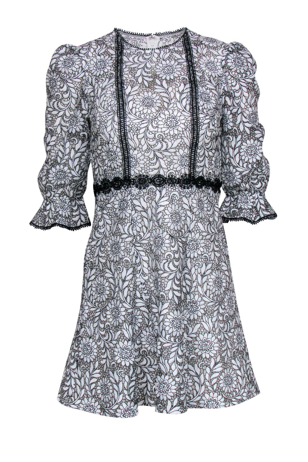 Monique Lhuillier - White Floral Lace Puff Sleeve Fit & Flare Dress w/