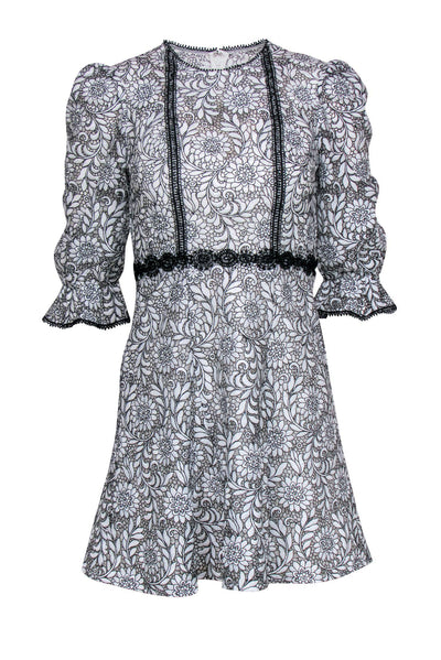 Monique Lhuillier - White Floral Lace Puff Sleeve Fit & Flare Dress w/ Monique Lhuillier - White Floral Lace Puff Sleeve Fit & Flare Dress w/