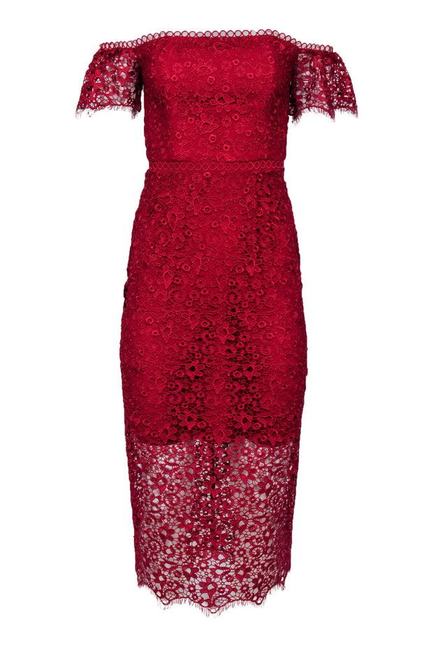 Monique Lhuillier - Red Lace Off-The-Shoulder Midi Dress w/ Lace Sleev Monique Lhuillier - Red Lace Off-The-Shoulder Midi Dress w/ Lace Sleev