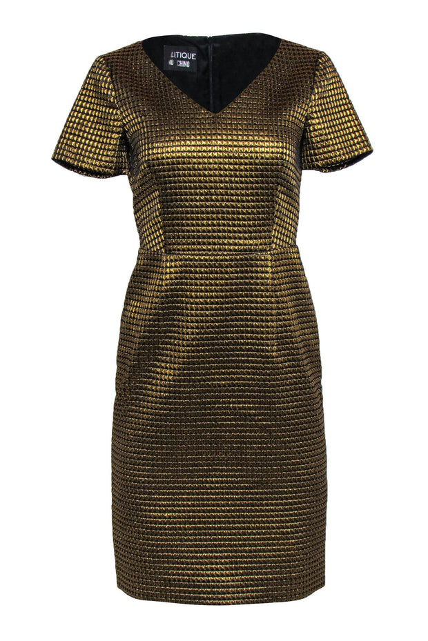 Boutique Moschino - Gold Short Sleeve Geo Print V-Neck Dress Sz 6 Boutique Moschino - Gold Short Sleeve Geo Print V-Neck Dress Sz 6