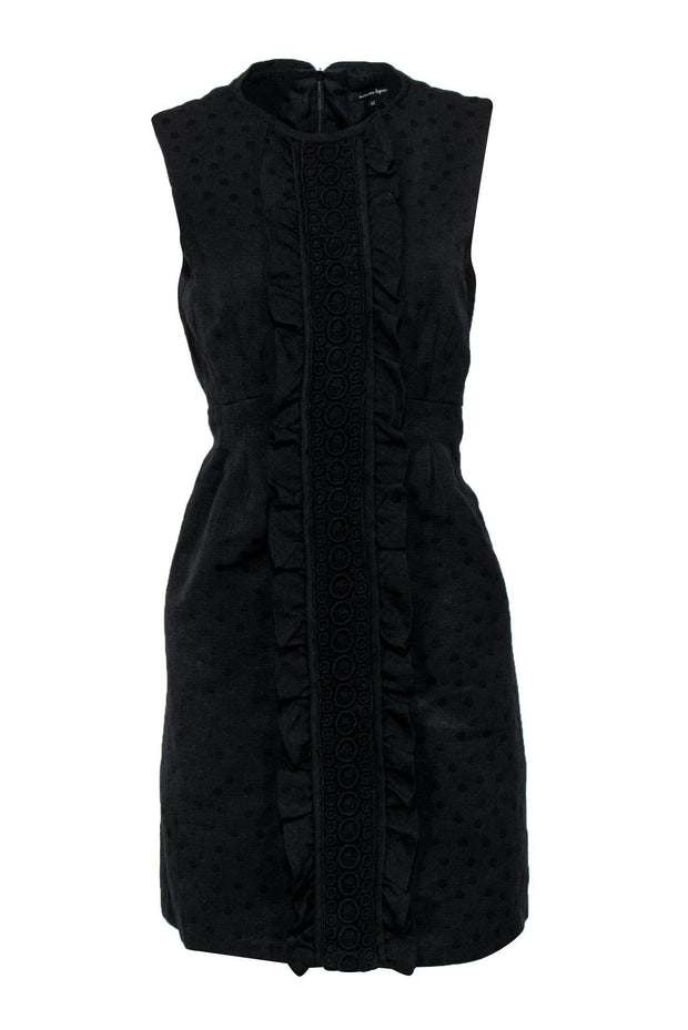 Nanette Lepore - Black Polka Dot Embossed Sheath Dress w/ Ruffles & Em Nanette Lepore - Black Polka Dot Embossed Sheath Dress w/ Ruffles & Em