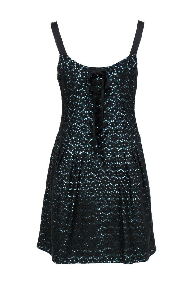 Nanette Lepore - Black Floral Lace Sleeveless Drop Waist Dress w/ Turq Nanette Lepore - Black Floral Lace Sleeveless Drop Waist Dress w/ Turq