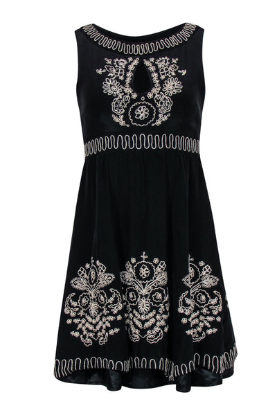 Current Boutique-Nanette Lepore - Black Silk Fit & Flare Dress w/ Beige Embroidery & Keyhole Cutout Sz 2