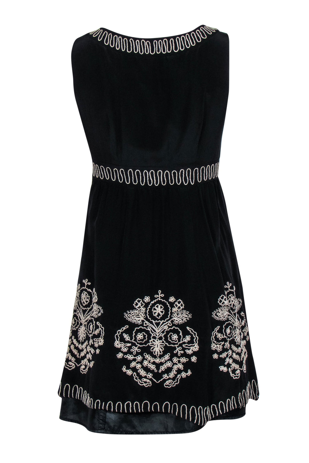 Nanette Lepore - Black Silk Fit & Flare Dress w/ Beige Embroidery & Ke Nanette Lepore - Black Silk Fit & Flare Dress w/ Beige Embroidery & Ke