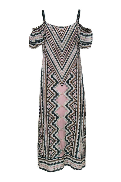 Current Boutique-Nanette Lepore - Pink, White & Teal Aztec Print Cold Shoulder Silk Maxi Dress Sz 2