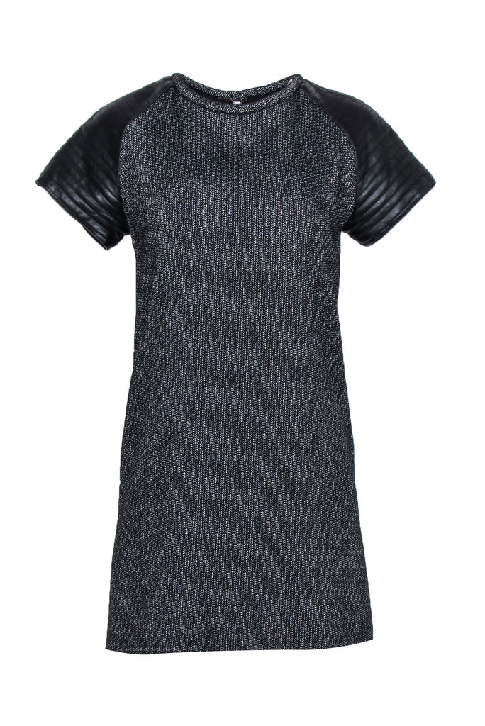 Nicholas- Black & White Tweed Dress w/ Quilted Leather Sleeves Sz 4