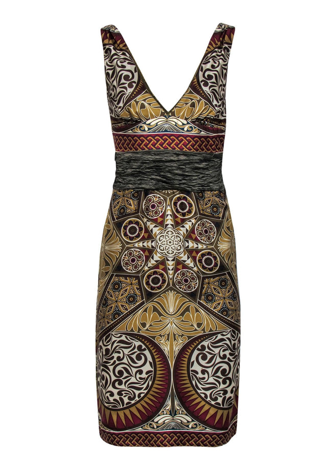 Nicole Miller - Olive Green Printed Silk Dress w/ Crinkled Waist Sz 0 Nicole Miller - Olive Green Printed Silk Dress w/ Crinkled Waist Sz 0