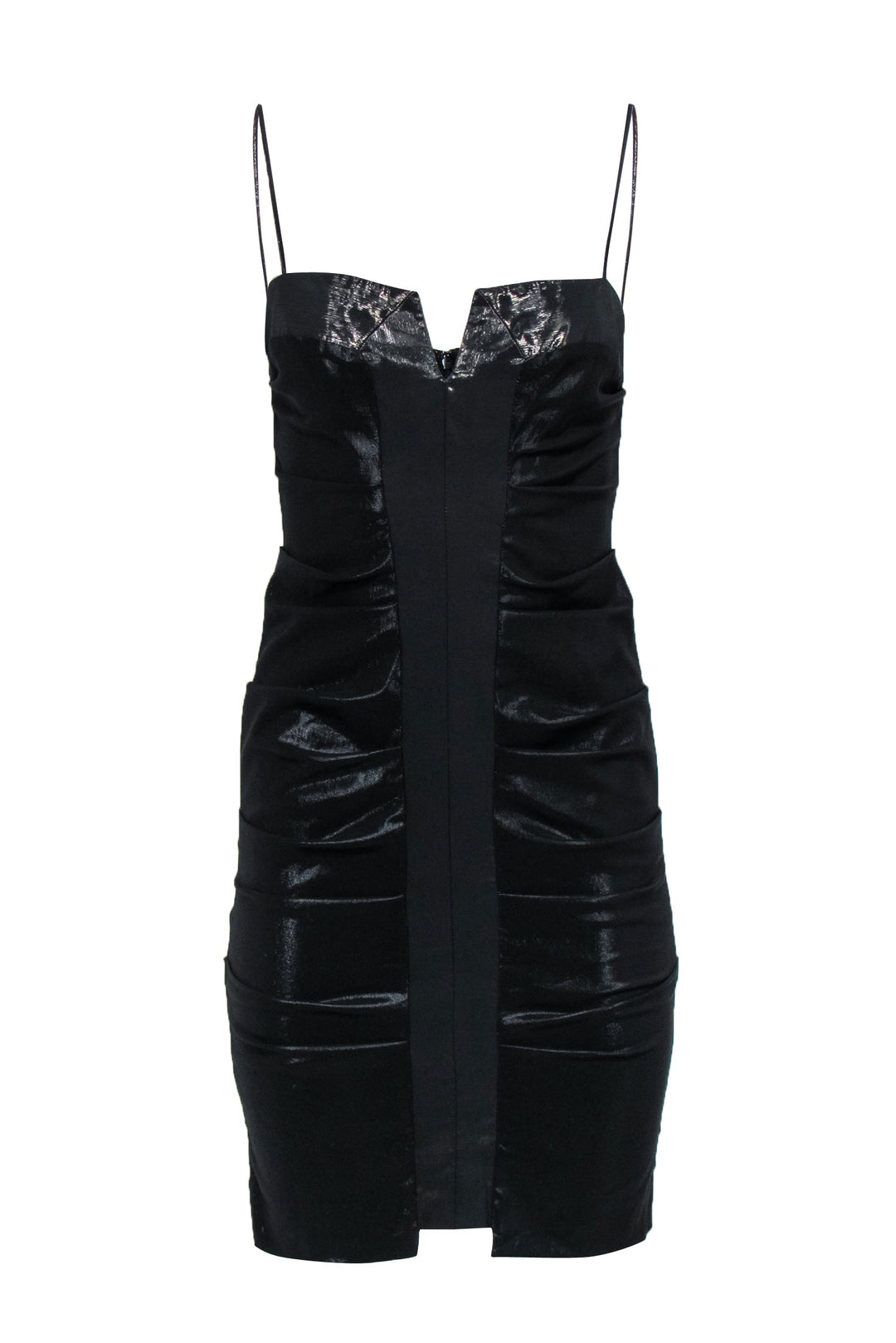 Nicole Miller - Black Metallic Ruched Satin Cocktail Dress Sz 2 Nicole Miller - Black Metallic Ruched Satin Cocktail Dress Sz 2