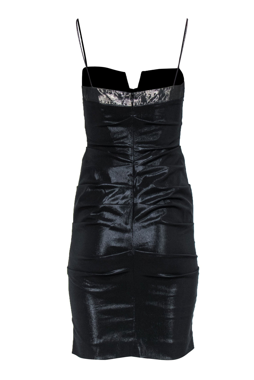 Nicole Miller - Black Metallic Ruched Satin Cocktail Dress Sz 2 Nicole Miller - Black Metallic Ruched Satin Cocktail Dress Sz 2