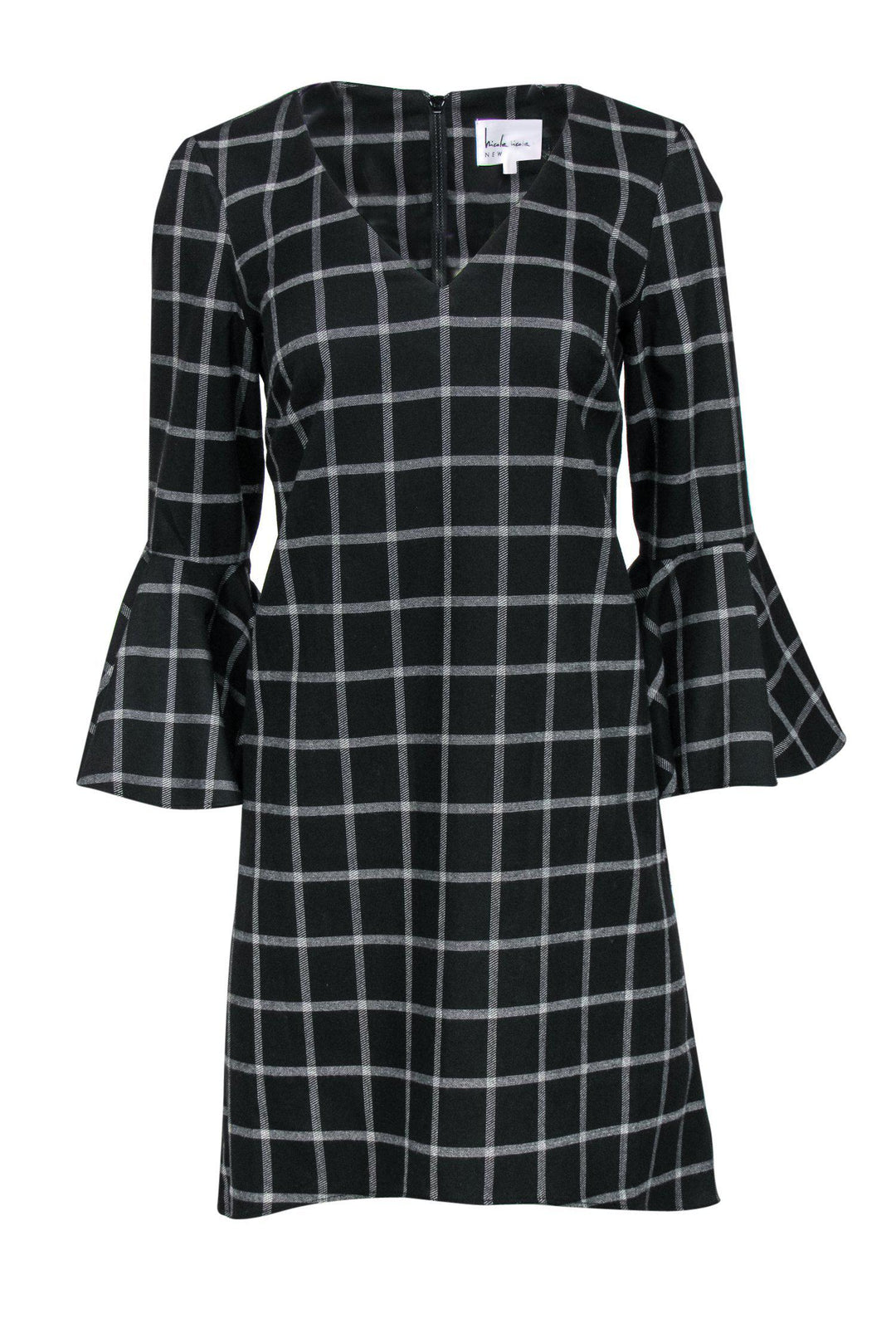 Nicole Miller - Black & White Plaid Shift Dress w/ Bell Sleeves Sz 4 Nicole Miller - Black & White Plaid Shift Dress w/ Bell Sleeves Sz 4