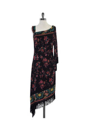 nicole miller one shoulder floral dress NICOLE MILLER Black One Shoulder Ruffle Bodycon Dress Sz M Multicolor Spotted VG