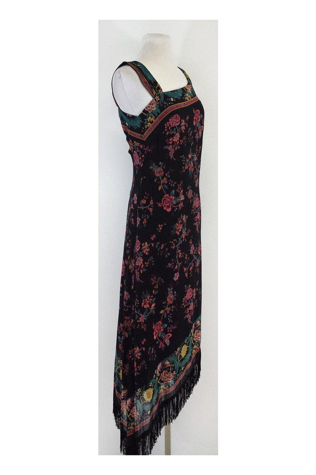 Nicole Miller - Floral & Fringe Silk One Shoulder Dress Sz 4 Nicole Miller - Floral & Fringe Silk One Shoulder Dress Sz 4