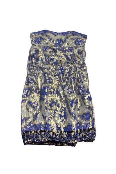 Nicole Miller - Blue & Metallic Gold Abstract Strapless Dress Sz 6 Nicole Miller - Blue & Metallic Gold Abstract Strapless Dress Sz 6