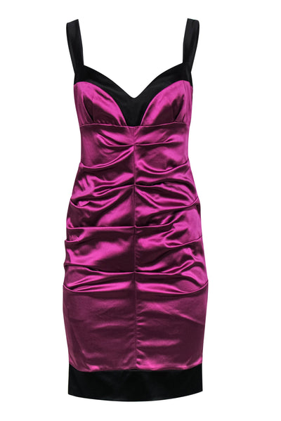 Nicole Miller - Purple Satin Ruched Sleeveless Bodycon Dress w/ Black Trim Sz 8 Nicole Miller - Purple Satin Ruched Sleeveless Bodycon Dress w/ Black Trim Sz 8